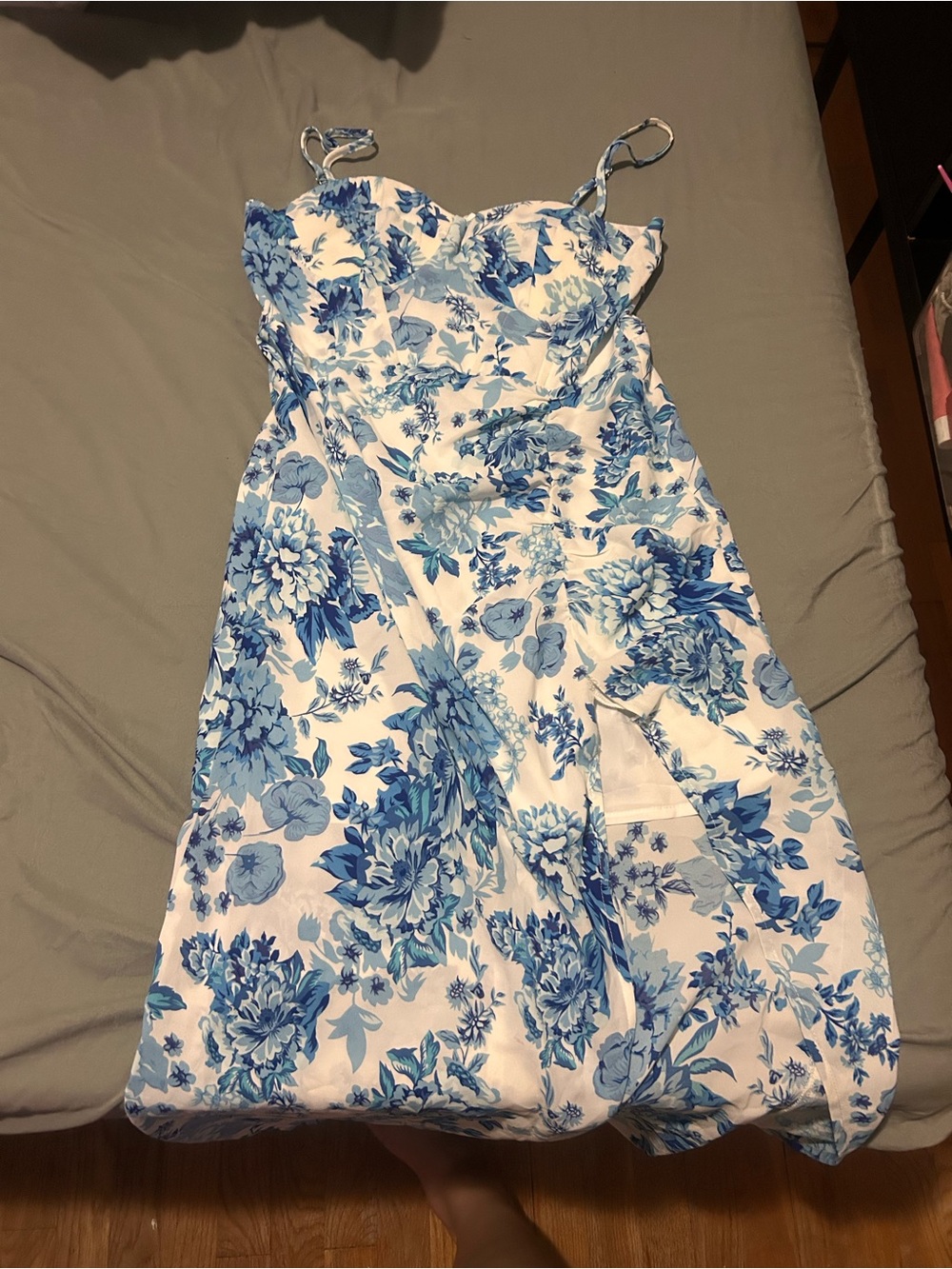 White & Blue Floral Spaghetti Strap Dress